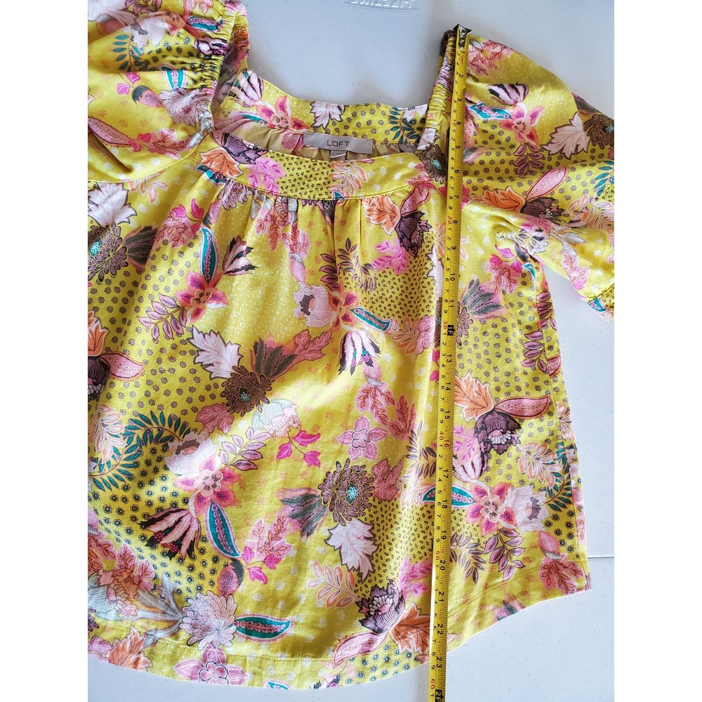 LOFT Yellow Floral‎ Square Neck Puff Sleeve Linen Blend Top Small Colorful - Picture 8 of 9